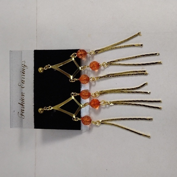 Women's Style Gold tone & Blood Orange Beads Fringed Chandelier 3" Drop Earrings - Picture 5 of 7